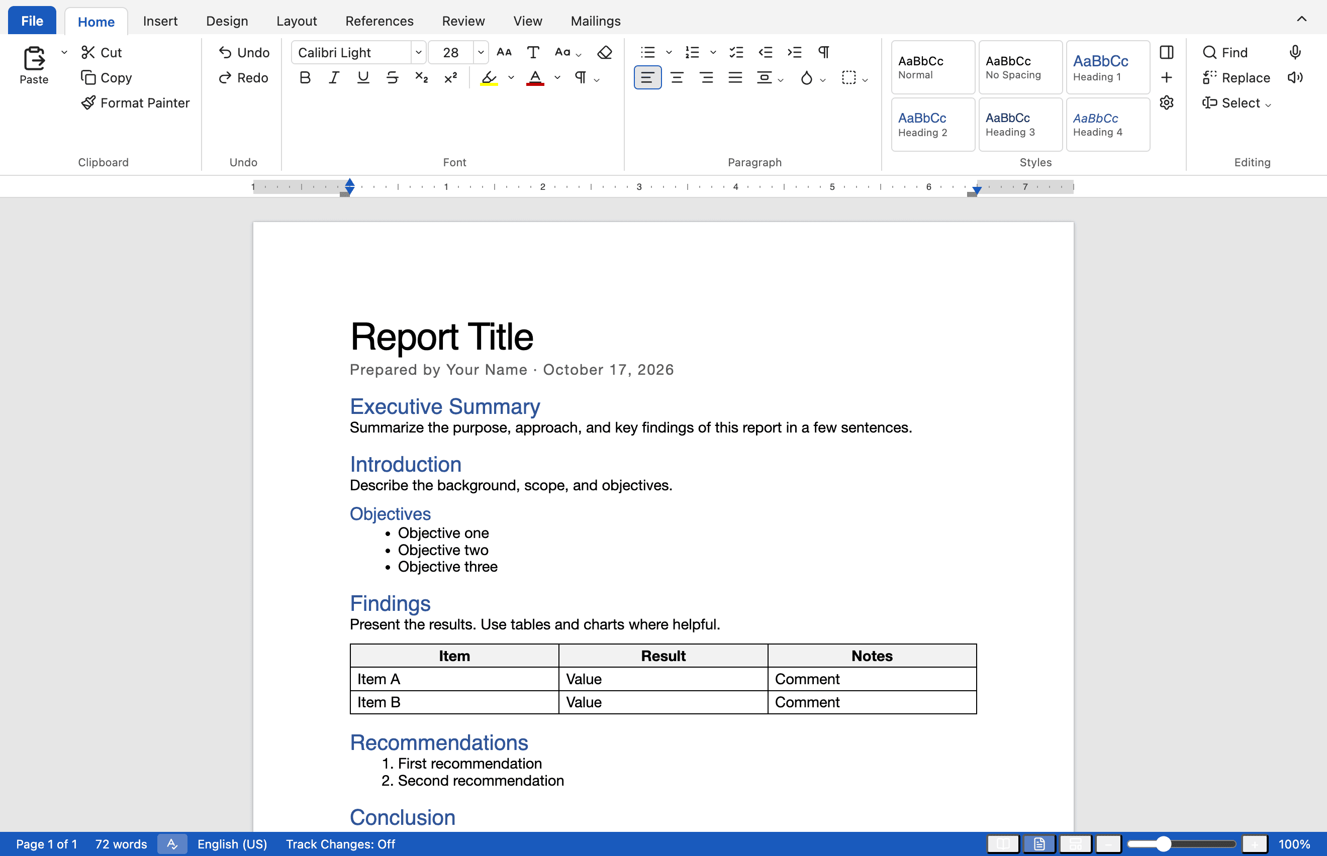 DocBase editing a report, with the Home ribbon, styles gallery and a page with headings, lists and a table